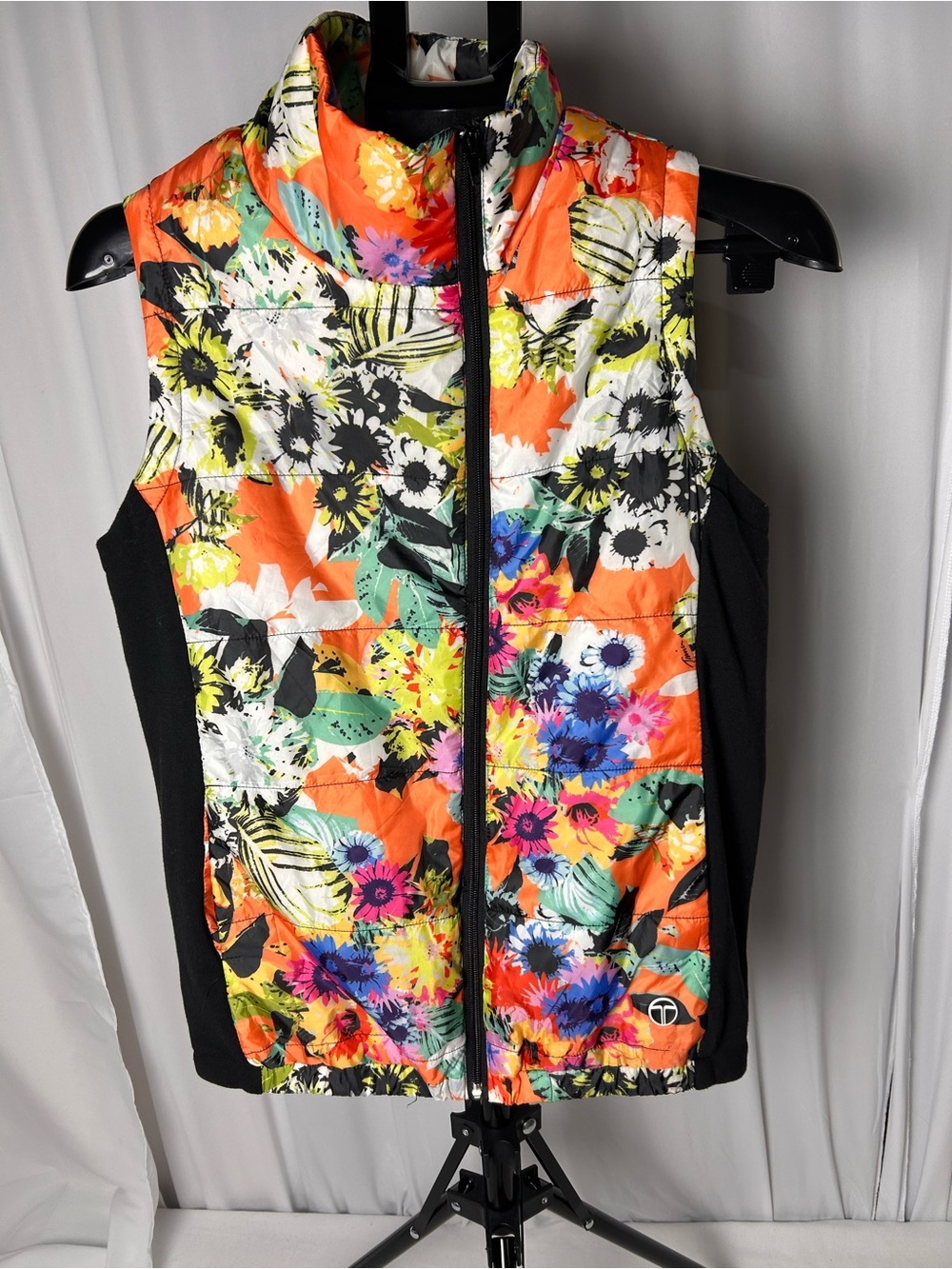 Trina Turk Orange Floral Quilted Vest with Black Panels